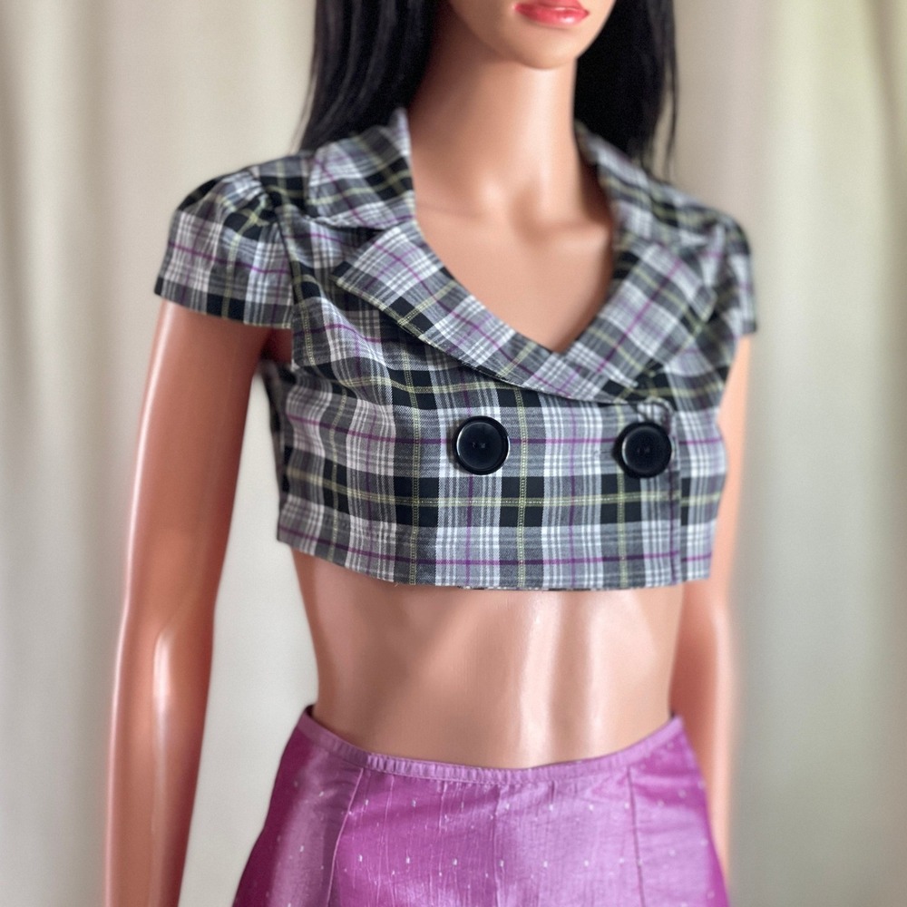 Amy Byer Purple Plaid Cropped Blazer Jacket